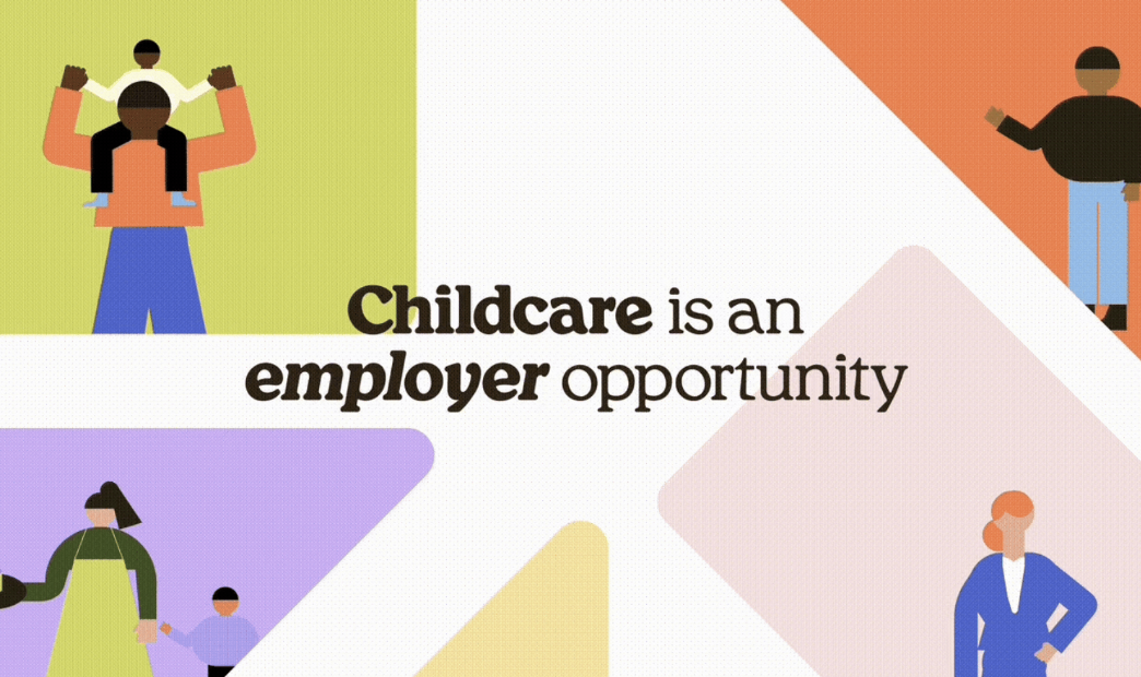 Parenting characters with "Childcare is an employer opportunity" in the center