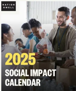 2025 Social Impact Calendar heading with image of food bank volunteers