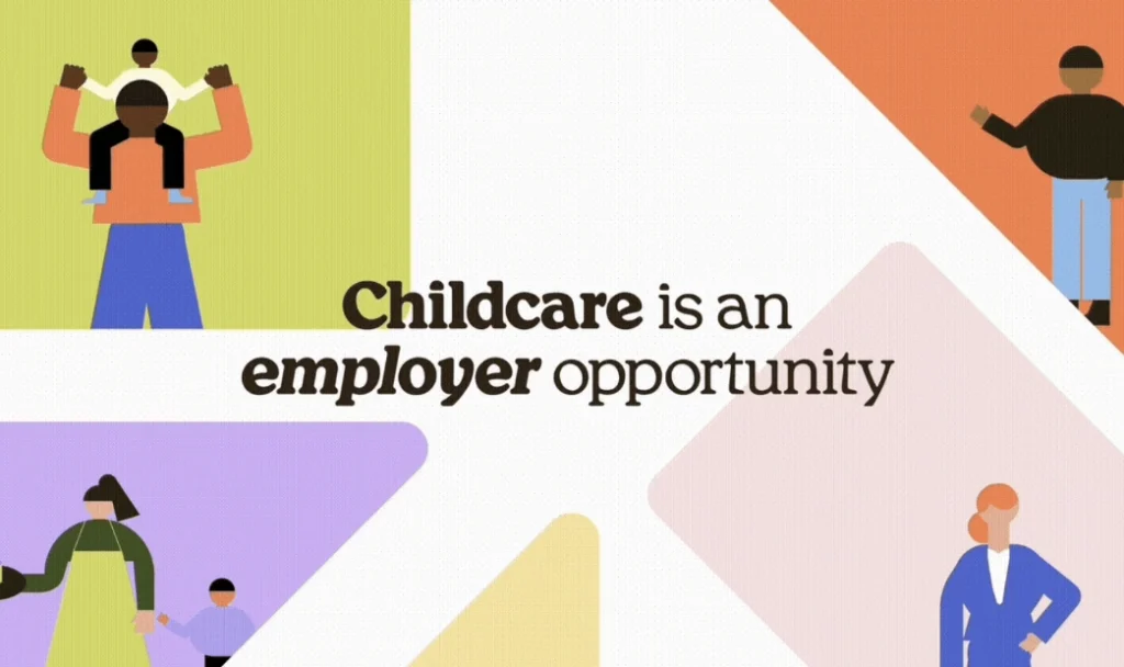 Parenting characters with "Childcare is an employer opportunity" in the center