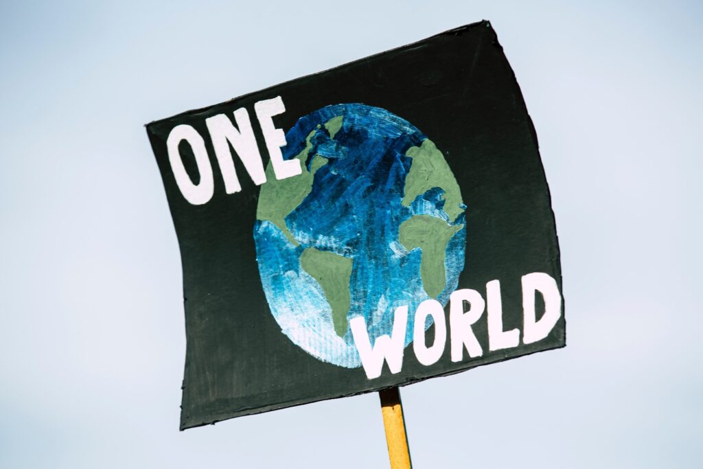 One world flag against gray background