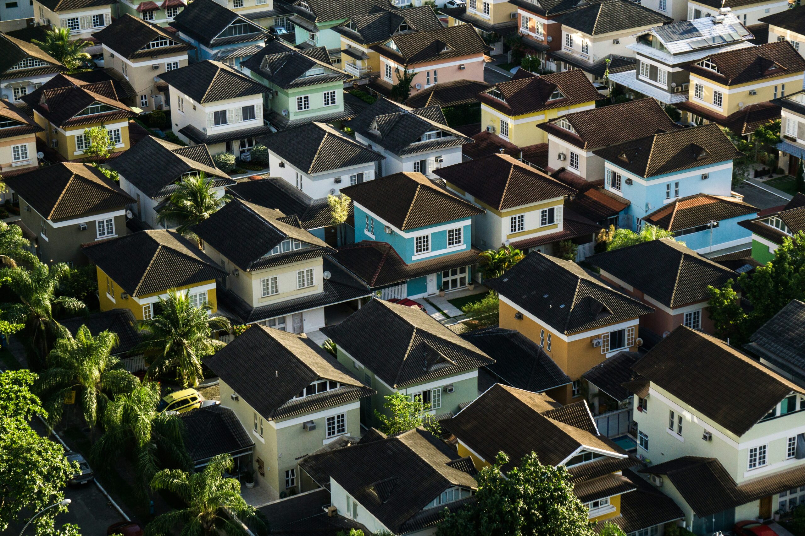 Multi-colored homes in a neighborhood