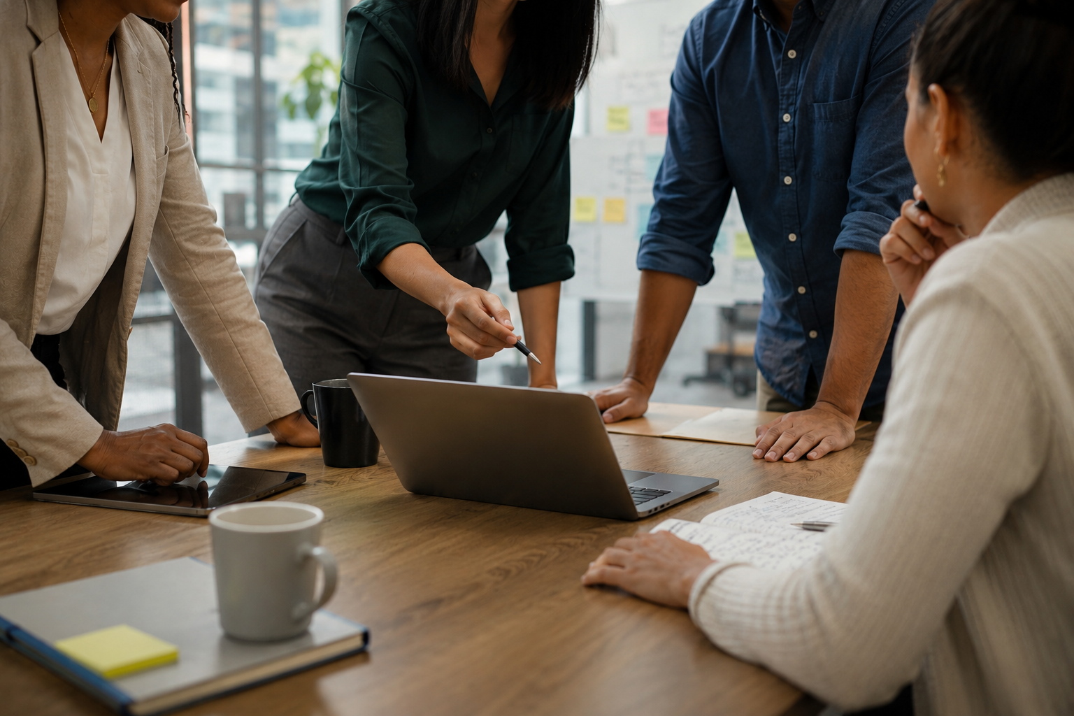 Diverse business advisors collaborating around a laptop in a modern office, actively discussing strategy with no visible faces.